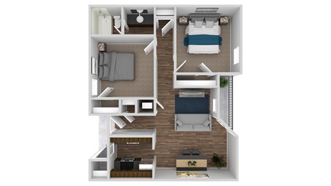 A 3D rendered image of a house layout.